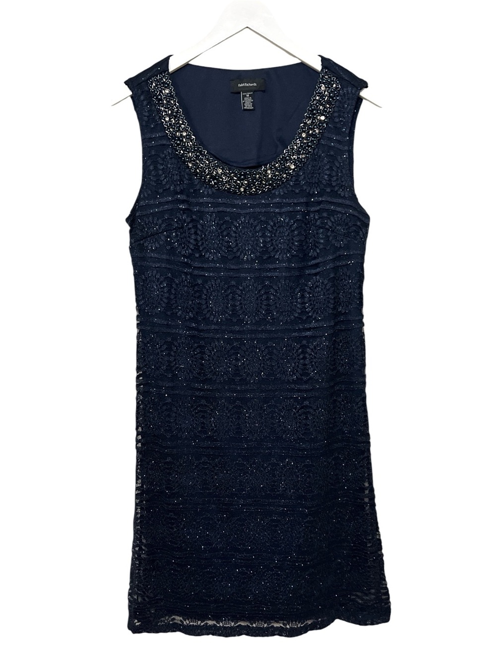 R&M Richards Size 14 Navy Blue Sleeveless Lace Beaded Cocktail Dress
